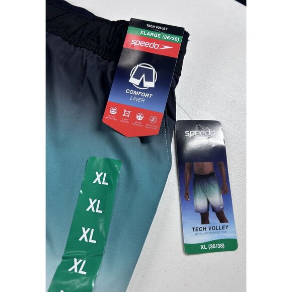 Speedo Tech Volley Swim Trunks Men's XL Black Teal White Ombre Comfort Liner NEW - Picture 5 of 9